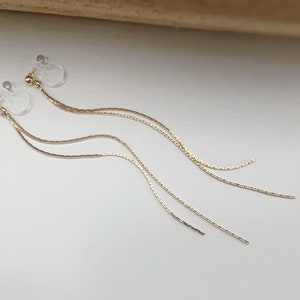 Long INVISIBLE CLIPS earrings, Double gold-colored tassel chain. Comfortable chain ear clip for non-pierced ears image 3