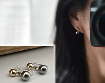 Boucles d'oreilles Clips INVISIBLES Double perle Argent et Or, Clips d'oreilles confortable bijoux minimaliste quotidien.