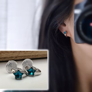 PAINLESS CLIPS earrings Small silver circle with small blue star. Comfortable Ear Clips Delicate Earrings image 1