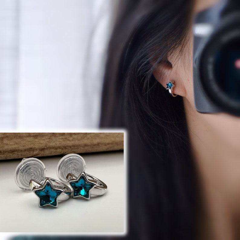 PAINLESS CLIPS earrings Small silver circle with small blue star. Comfortable Ear Clips Delicate Earrings image 1