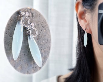 Boucles d'oreilles CLIPS invisible, perle en métal argenté, perle bleu menthe claire goutte d'eau