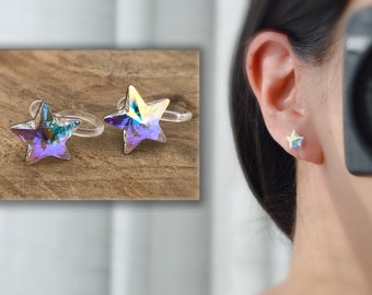 Unsichtbare CLIPS-Ohrringe Kristallstern AB PureCrystal-Kristalle, kleiner Kristallstern Symphonie der Farben täglicher Schmuck.