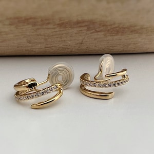PAINLESS CLIPS U spiral earrings Triple circles zircon hoops. Comfortable Delicate 18K Gold Plated Ear Clips image 5