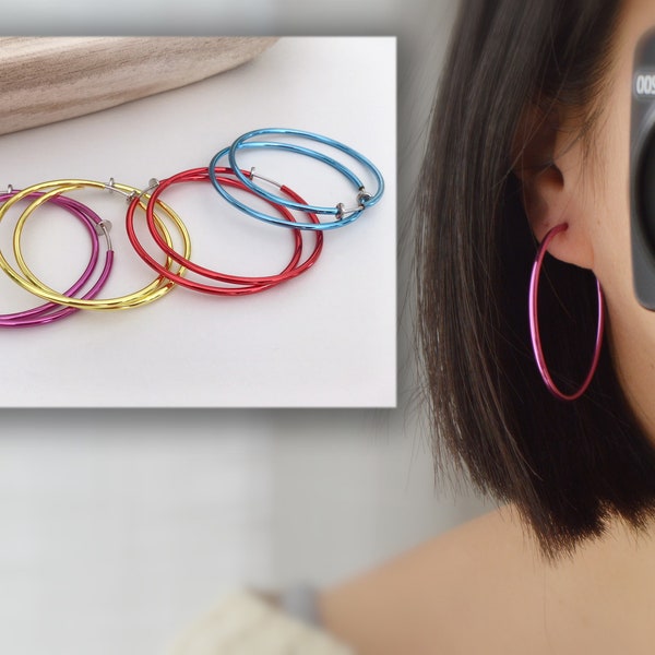 50mm Hoop Clips, CLIPS earrings rings color Red, Blue, Yellow, Pink, for non-pierced ears. Daily jewelry.