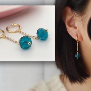 Spring hoop ear clips, blue faceted bead chain. Dangle earrings, everyday, non-pierced ears.