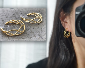 Knitted Rings 30mm Invisible Clips, Twisted Creole CLIPS earrings Gold/Silver color non pierced ears, Creole Rings