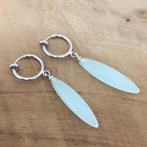 Invisible Hoop Clip-on Earrings, Very Light Mint Blue Pearl Teardrop Shaped Ear Clips.