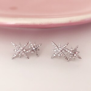INVISIBLE Clip-on Earrings, Double Zircon Star Silver Color. Ear clips. image 4