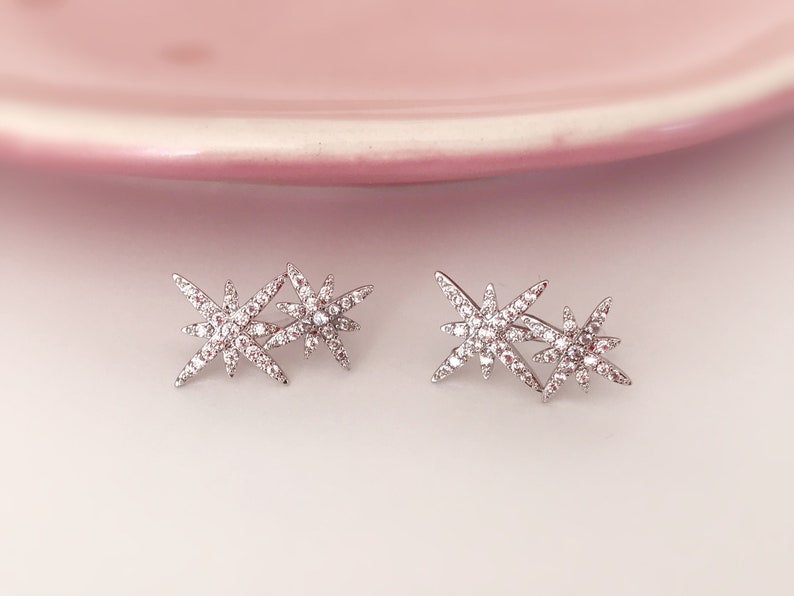 INVISIBLE Clip-on Earrings, Double Zircon Star Silver Color. Ear clips. image 4