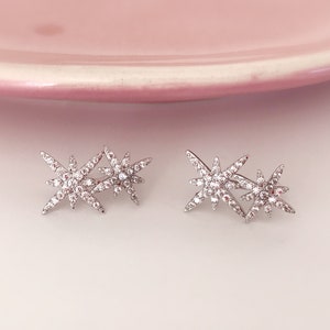 INVISIBLE Clip-on Earrings, Double Zircon Star Silver Color. Ear clips. image 6