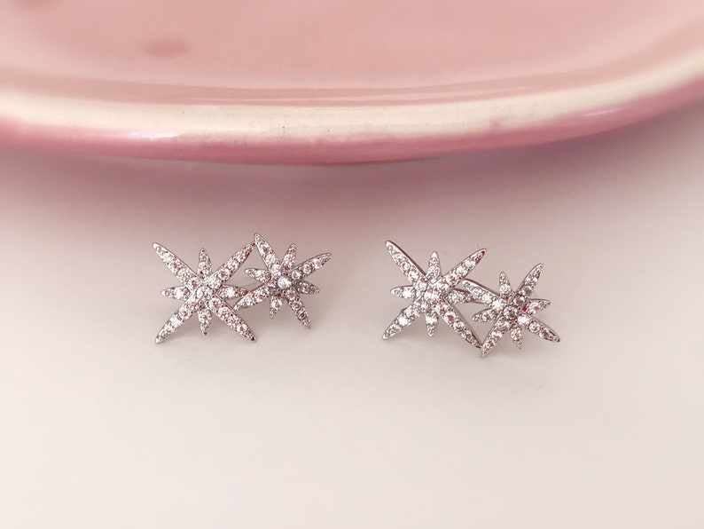 INVISIBLE Clip-on Earrings, Double Zircon Star Silver Color. Ear clips. image 6