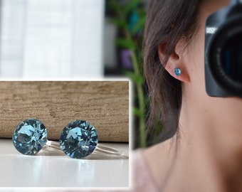 Invisible Round Clip Earrings AQUAMARINE Crystals PureCristal Ear Clips Small Round Light Blue, Minimalist Jewelry