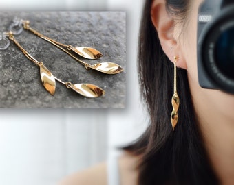 Long INVISIBLE CLIPS earrings dangling tassel leaves golden color, 18k gold plated. Everyday Jewelry Gifts for her.