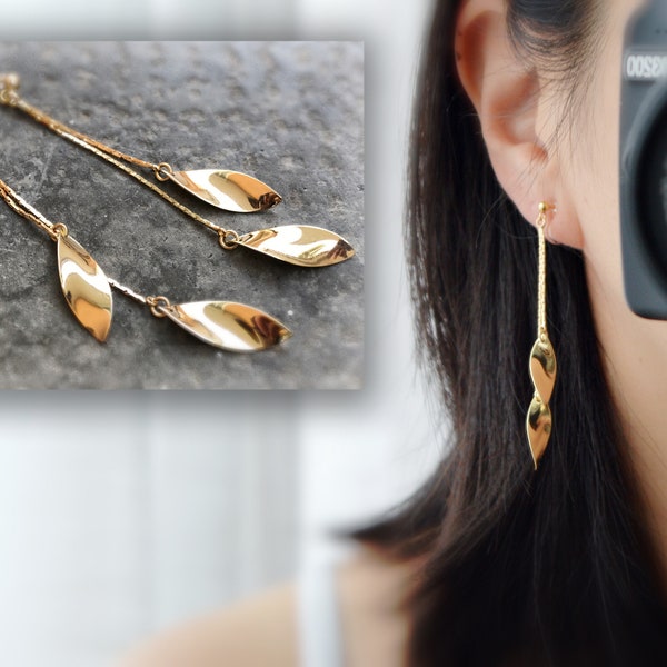 Long INVISIBLE CLIPS earrings dangling tassel leaves golden color, 18k gold plated. Everyday Jewelry Gifts for her.