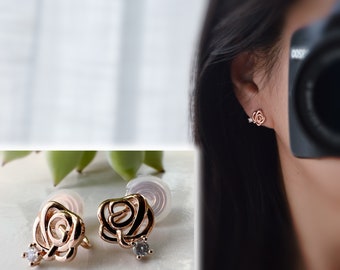 PAINLESS ! CLIPS U earrings spiral small Pink Flower Mini Zircon Stones rose gold color. Comfortable clips ready to gift