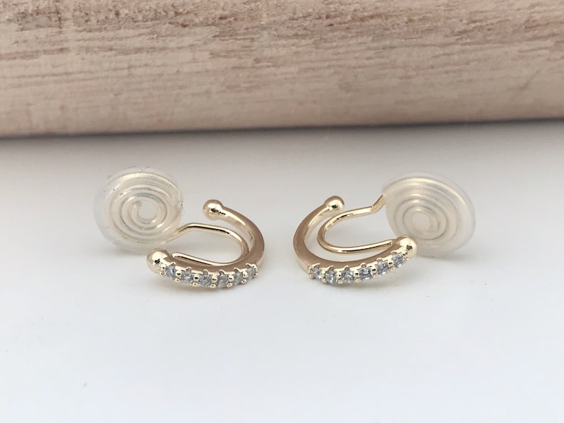 PAINLESS CLIPS U earrings spiral Semicircle Mini Round Zircon Stones gold plated. Comfortable ear clips. image 2