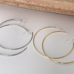 Large fine hoops. INVISIBLE Clip Earrings, Silver / Gold Hoops. Comfortable ear clips. image 3