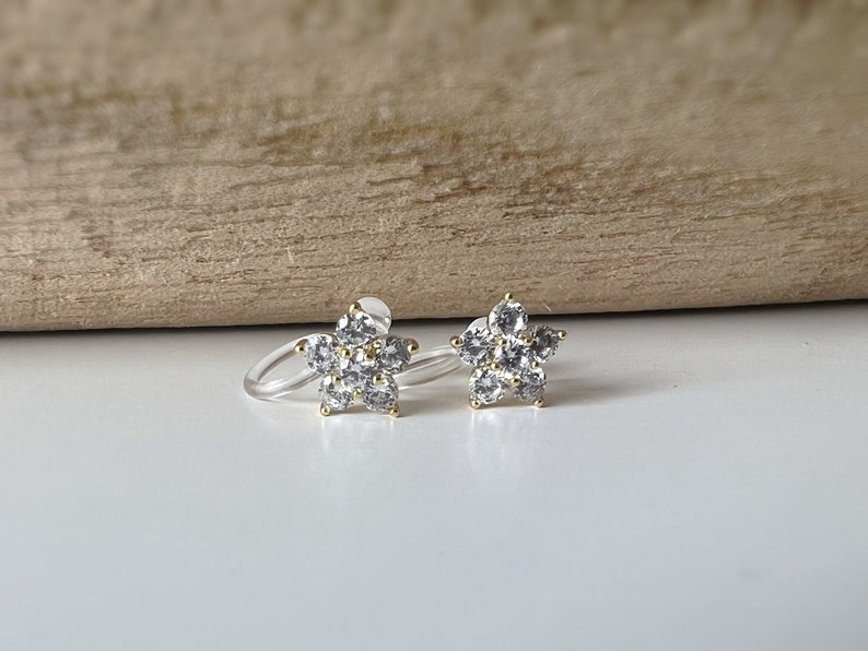 Mini invisible ear CLIPS, Mini Flower five petals Gold Zircon, Comfortable delicate minimalist clip earrings image 3