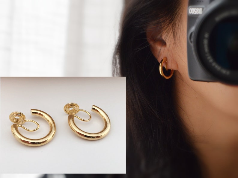 SCHMERZLOS CLIPS U Ohrringe Spirale Kreis Gold / Silber Farbe. Bequeme Ohrclips. Zarte Ohrringe Bild 2