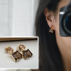 PAINLESS! Clip-on earrings U spiral triangular trapezoidal drop earrings zircon champagne coffee brown color, geometric.