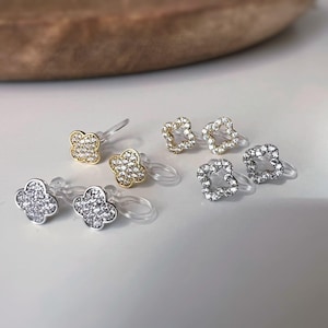 Gold and silver rhinestone flower clip-on earrings – small, elegant clip-on earrings in clear resin