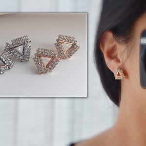 Invisible Clip-on Earrings, Triangle Zircon Silver/Gold Color. Comfortable ear clips.