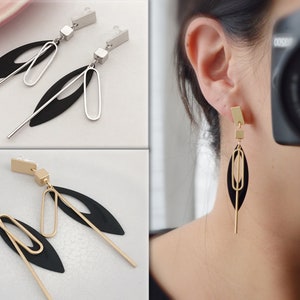 Long INVISIBLE Clip-on Earrings Rectangle Cube Oval Bar Ear Clips Black Matte Gold or Shiny Gold Modern daily jewelry.