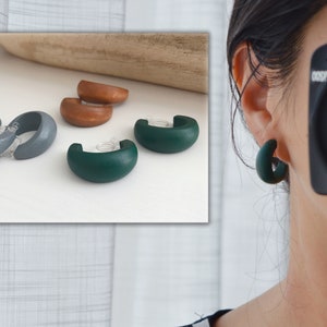 Wooden Circle Creole Ear Clips, Brown / Gray / Dark Green Color, Daily Jewelry. INVISIBLE Clip-on earrings