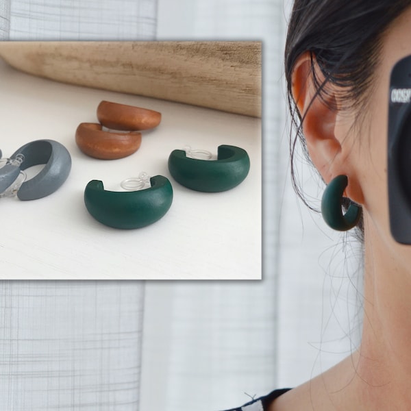 Wooden hoop ear clips, brown/grey/dark green, everyday jewelry. Invisible clip-on earrings.
