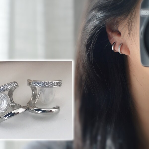 ¡SIN DOLOR! Pendientes CLIPS U espiral Doble circulo Plata mini piedra circonita. Cómodos clips para las orejas Pendientes delicados