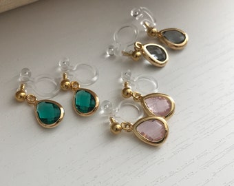 Boucles d'oreilles Clips INVISIBLES dorées, Goutte d'eau Perle facette Rose claire/ Gris/ Vert paon, Bijoux Minimaliste délicat confortable