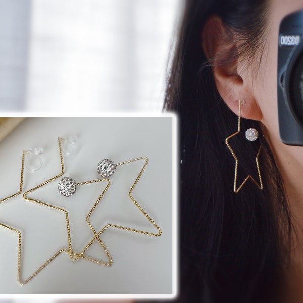 Large star ear clips Gold color White Shamballa pearl Ball Strass. INVISIBLE Clip Earrings Comfortable.