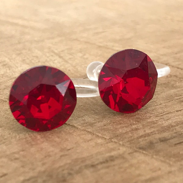 Boucles d'oreilles CLIPS invisible Cristal Rond SIAM Cristaux PureCristal, Clips d'Oreille Petit Rond cristal rouge, Bijoux Minimaliste.