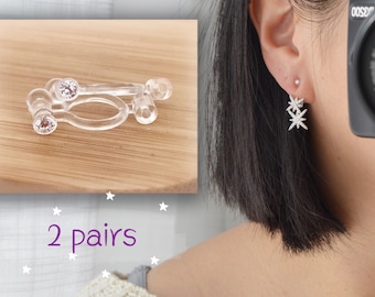 2 Pairs White, Clear Zircon Earring Converters, Invisible Clips Convert Earring to Clip, Adapters.