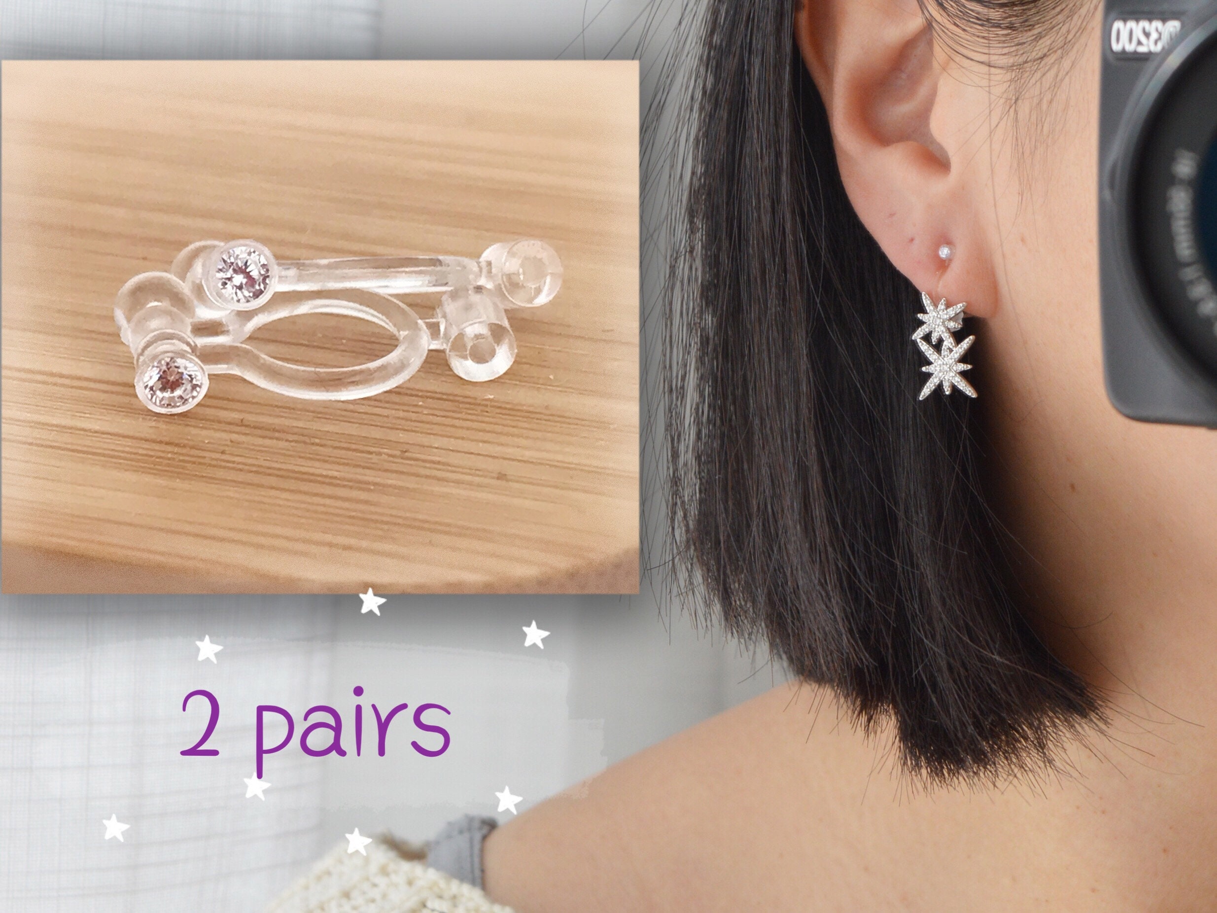 2 Pairs White, Clear Zircon Earring Converters, Invisible Clips