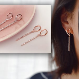 Mini Zircon Bar Lanyard Ear Clips, INVISIBLE Clip Earrings Rose Gold / Silver Color. Daily jewelry.