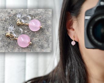 INVISIBLE Clip Earrings, Pink Chalcedony Pearl. Ear clips. Daily, simple jewelry. Golden color.