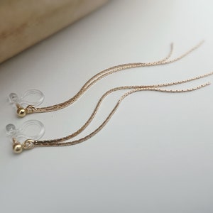 Long INVISIBLE CLIPS earrings, Double gold-colored tassel chain. Comfortable chain ear clip for non-pierced ears image 5