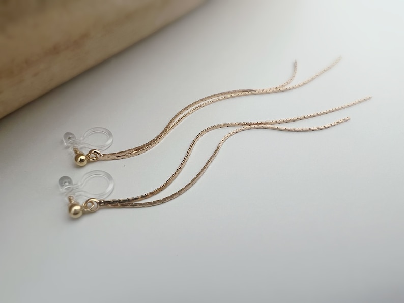 Long INVISIBLE CLIPS earrings, Double gold-colored tassel chain. Comfortable chain ear clip for non-pierced ears image 5