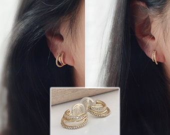 PAINLESS ! CLIPS U spiral earrings Triple circles zircon hoops. Comfortable Delicate 18K Gold Plated Ear Clips