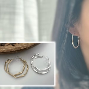 40mm Twisted Hoop Earrings, Invisible Clips, Hoop Ear Clips, Matte Silver/Matte Gold. For unpierced ears.