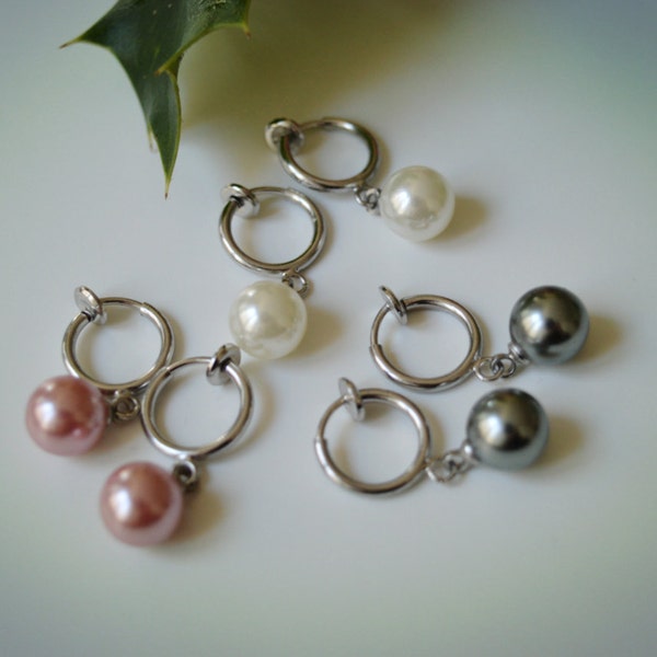 Boucles d'oreilles CLIPS avec perles (blanc/ rose/ gris)