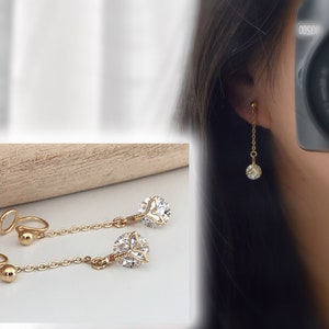 PAINLESS ! CLIPS U dangling earrings. Round Zircon Stone Mermaid Tail. Comfortable ear clips Ready to gift