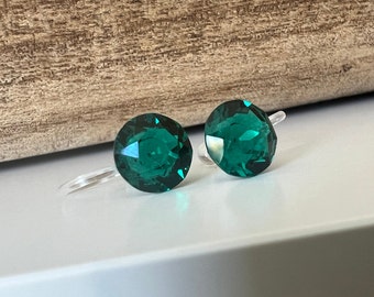 Invisible CLIPS Earrings Emerald Green Round Crystal Ignite PureCristal, Minimalist Dark Green Small Crystal Ear Clips.