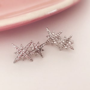INVISIBLE Clip-on Earrings, Double Zircon Star Silver Color. Ear clips. image 5