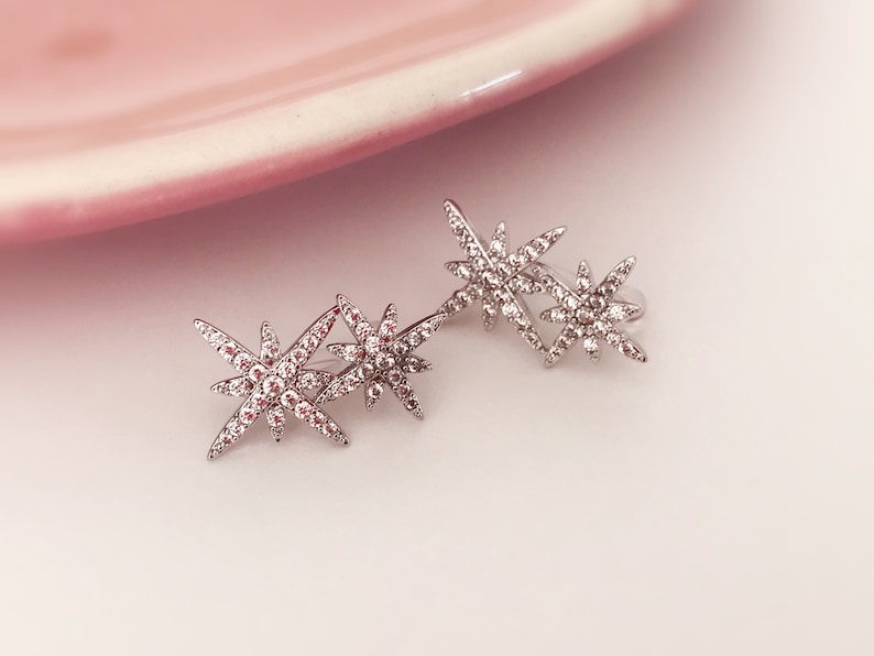 INVISIBLE Clip-on Earrings, Double Zircon Star Silver Color. Ear clips. image 5
