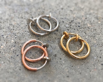 13mm LOT of 3 pairs Creole Rings, CLIPS earrings rings in silver, gold and rose gold. Ears not pierced. Daily jewelry.