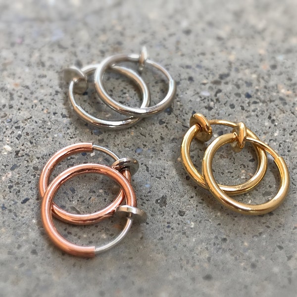 13 mm VIELE 3 Paar kreolische Ringe, CLIPS-Ohrringringe in Silber, Gold und Roségold. Ohren nicht durchbohrt. Täglicher Schmuck.