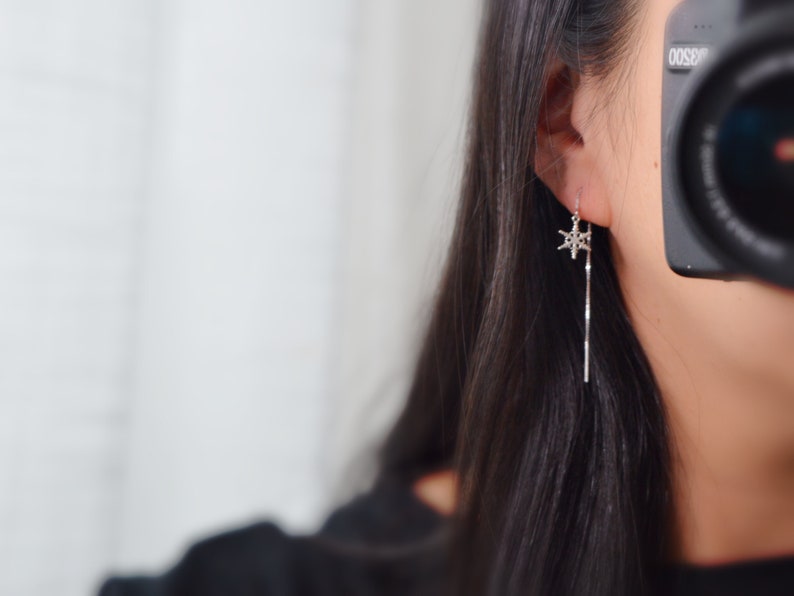 Flocon de neige hiver Cadeaux No\u00ebl Cha\u00eenette coulissante D\u00e9licates Minimaliste Moderne Cha\u00eenes d\u2019oreilles traversantes Argent 925