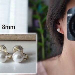 SANS DOULEUR Boucles d'oreilles CLIPS U spirale Perle blanche 8mm /10mm /12mm plaqué d'Or. Clips d'oreilles confortable. image 2